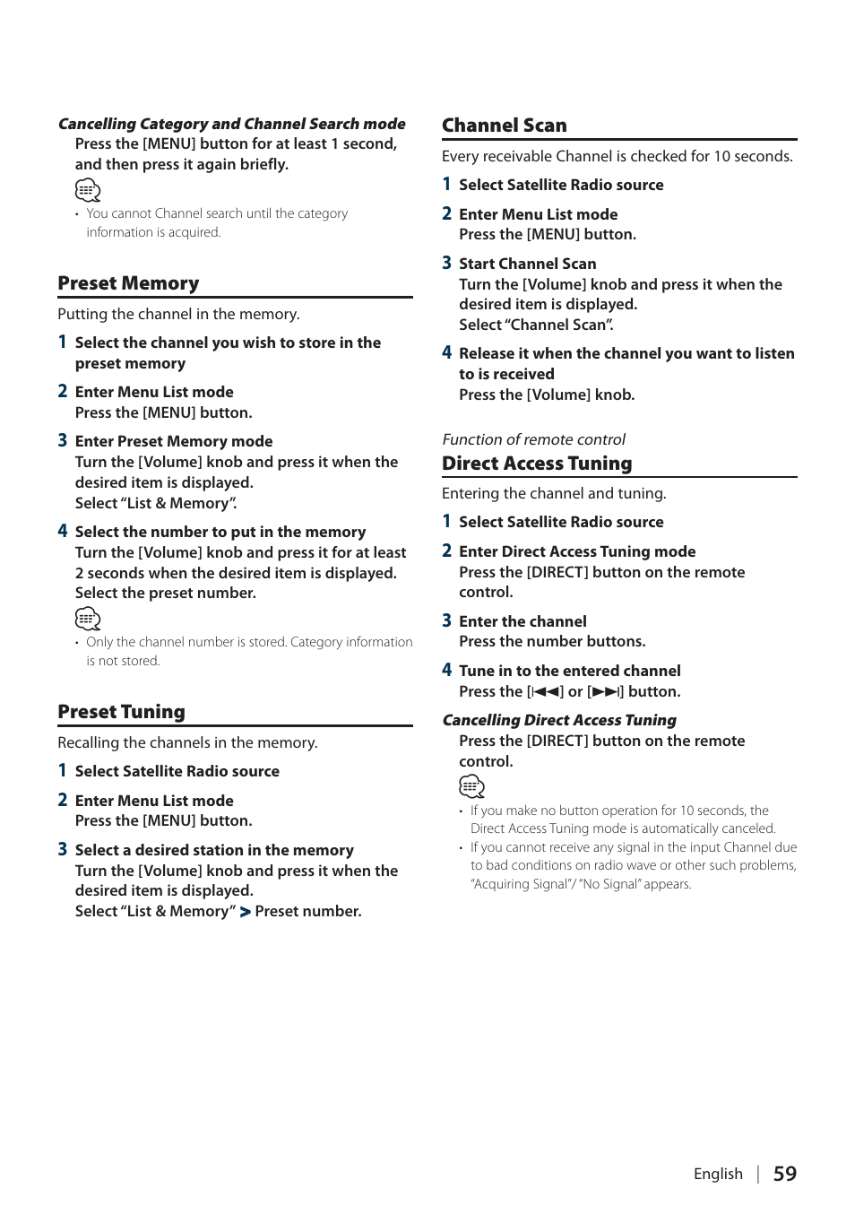 Preset memory, Preset tuning, Channel scan | Direct access tuning | Kenwood KIV700 User Manual | Page 59 / 84