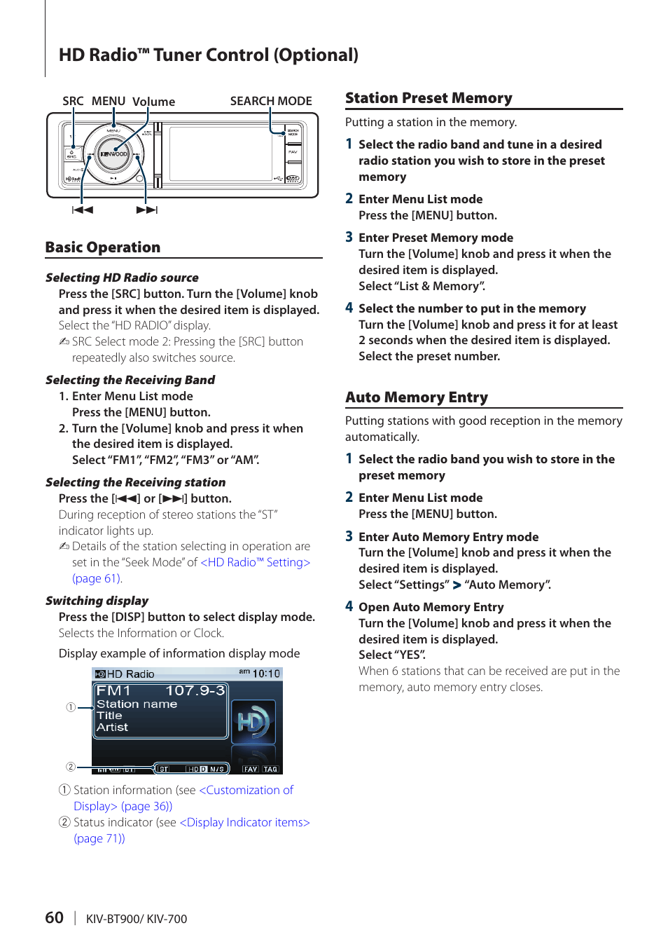 Hd radio™ tuner control (optional), Basic operation, Station preset memory | Auto memory entry, Hd radio™ tuner control, Optional) | Kenwood KIV700 User Manual | Page 60 / 84