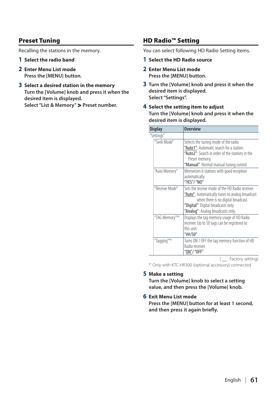 Preset tuning, Hd radio™ setting | Kenwood KIV700 User Manual | Page 61 / 84