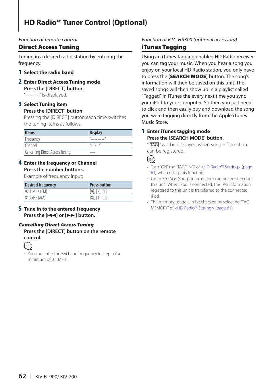 Direct access tuning, Itunes tagging, Hd radio™ tuner control (optional) | Kenwood KIV700 User Manual | Page 62 / 84