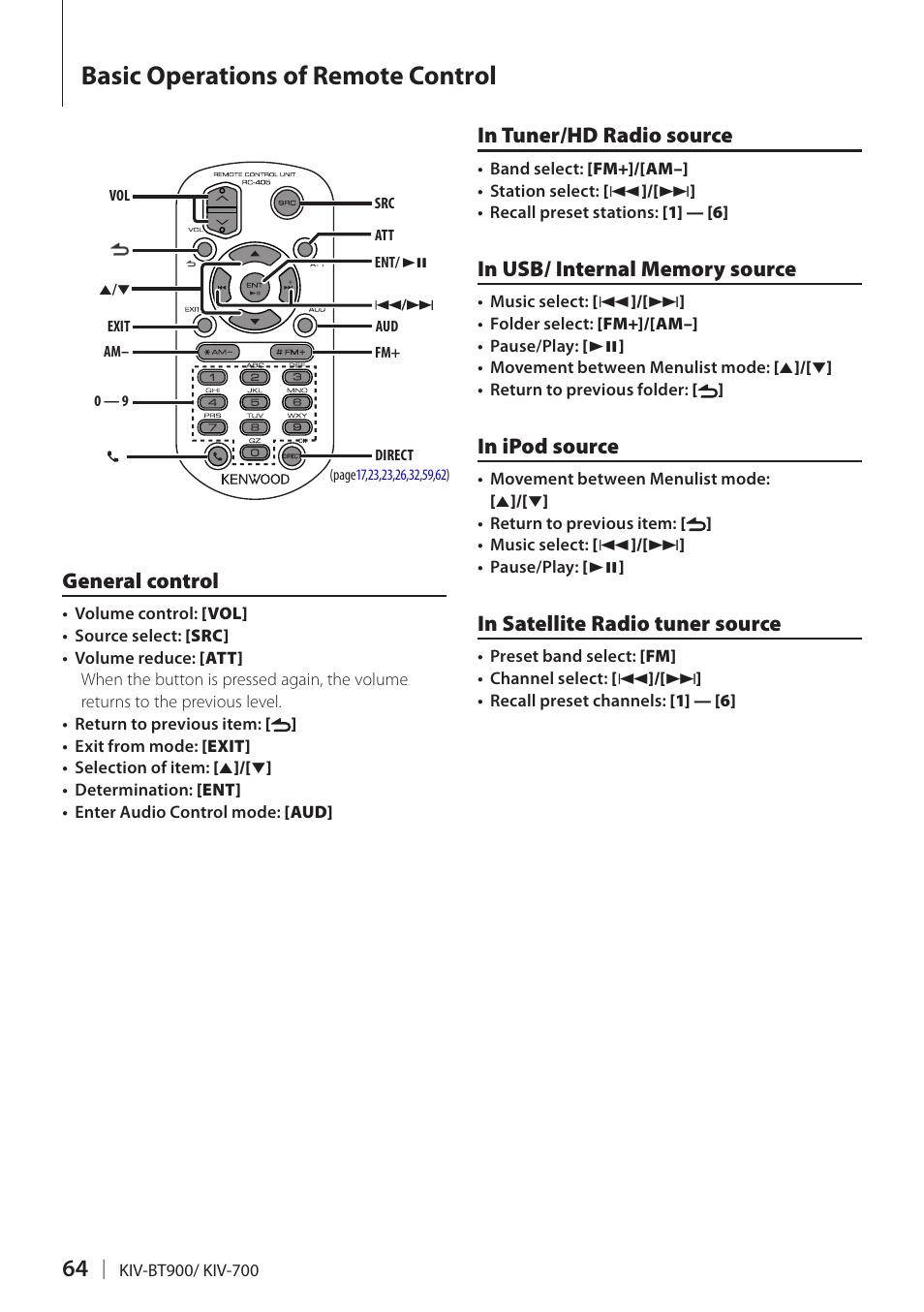 Basic operations of remote control, General control, In tuner/hd radio source | In usb/ internal memory source, Basic operations of remote, Control | Kenwood KIV700 User Manual | Page 64 / 84