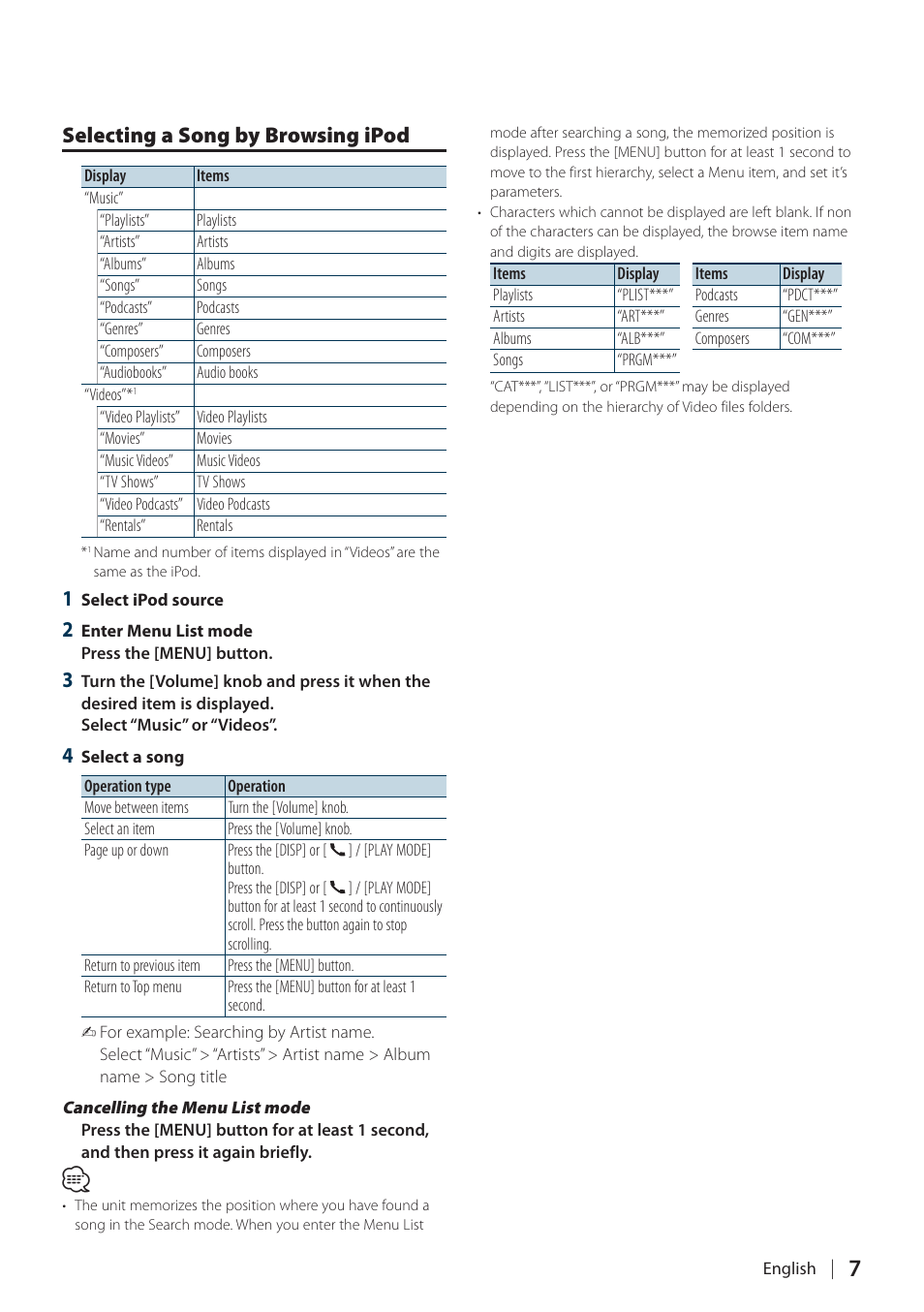 Selecting a song by browsing ipod | Kenwood KIV700 User Manual | Page 7 / 84