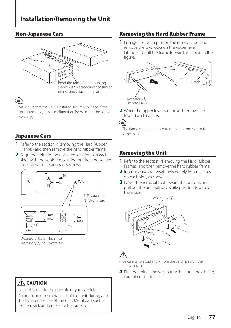 Installation/removing the unit, Non-japanese cars, Japanese cars 1 | Removing the hard rubber frame 1, Removing the unit 1 | Kenwood KIV700 User Manual | Page 77 / 84