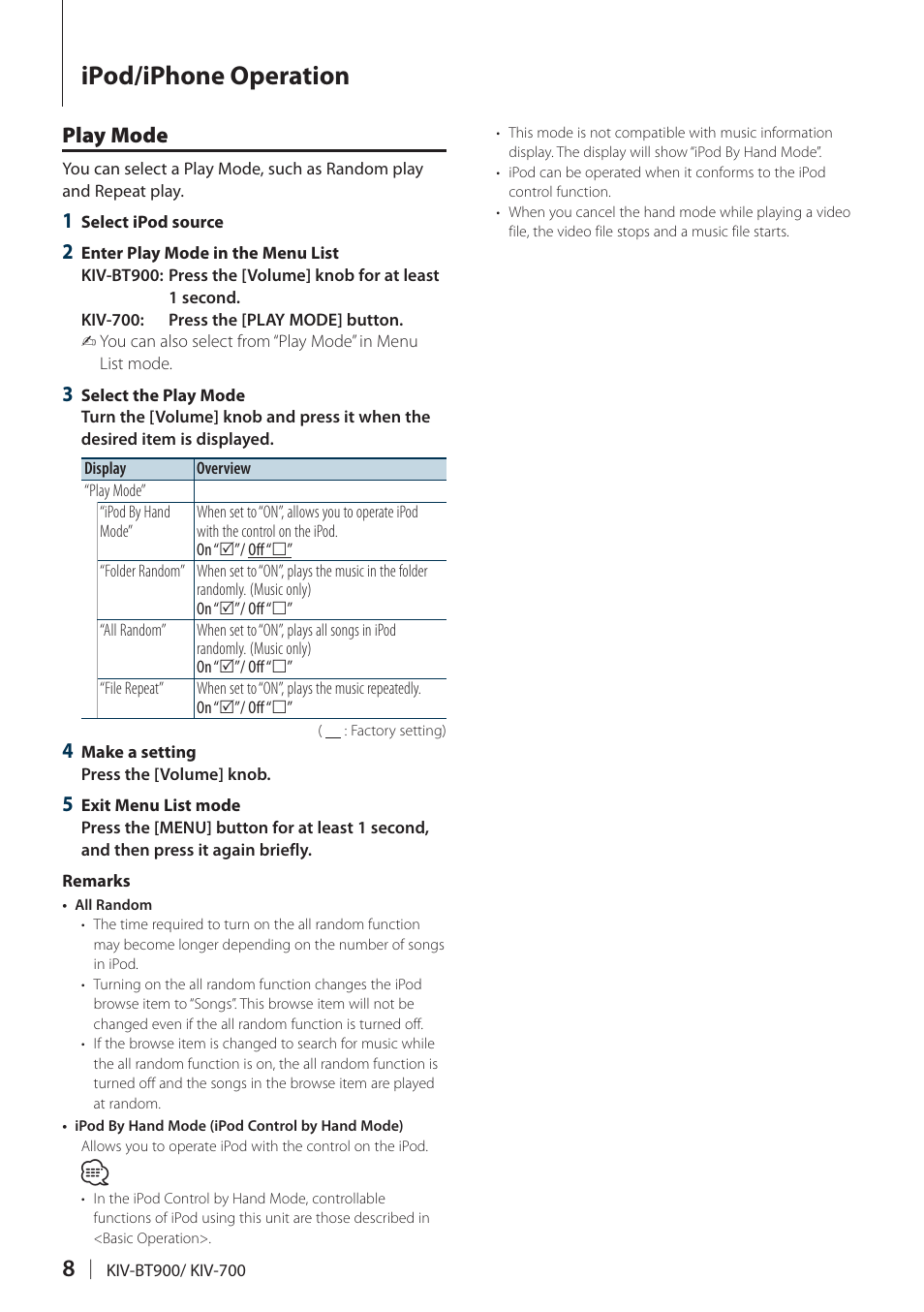 Play mode, Ipod/iphone operation | Kenwood KIV700 User Manual | Page 8 / 84