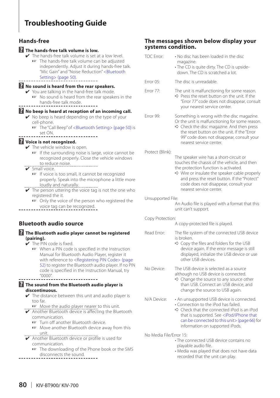 Troubleshooting guide, Hands-free, Bluetooth audio source | Kenwood KIV700 User Manual | Page 80 / 84