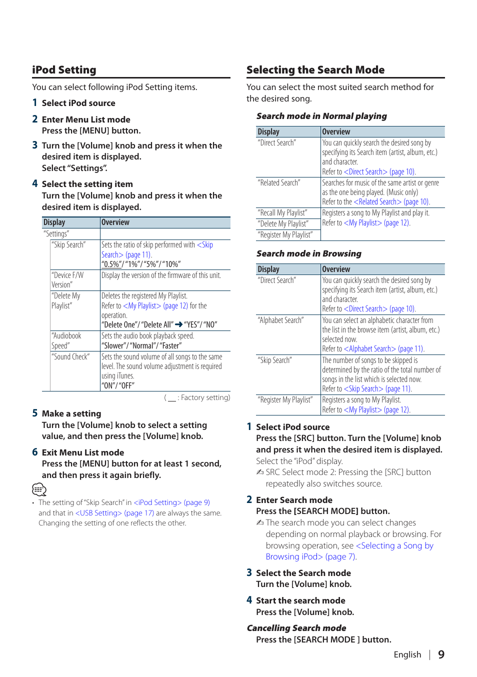 Ipod setting, Selecting the search mode | Kenwood KIV700 User Manual | Page 9 / 84