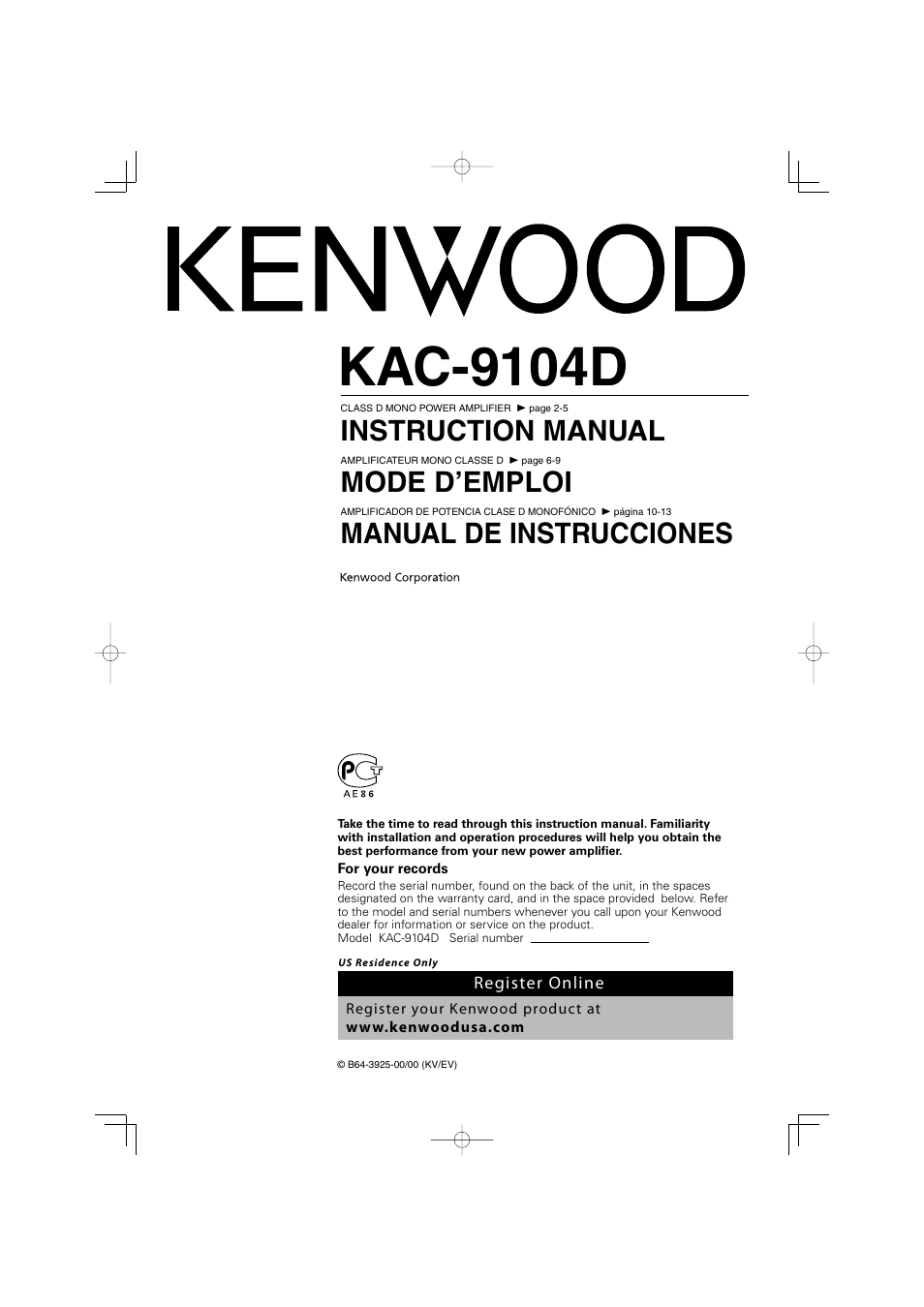 Kenwood KAC-9104D User Manual | 16 pages