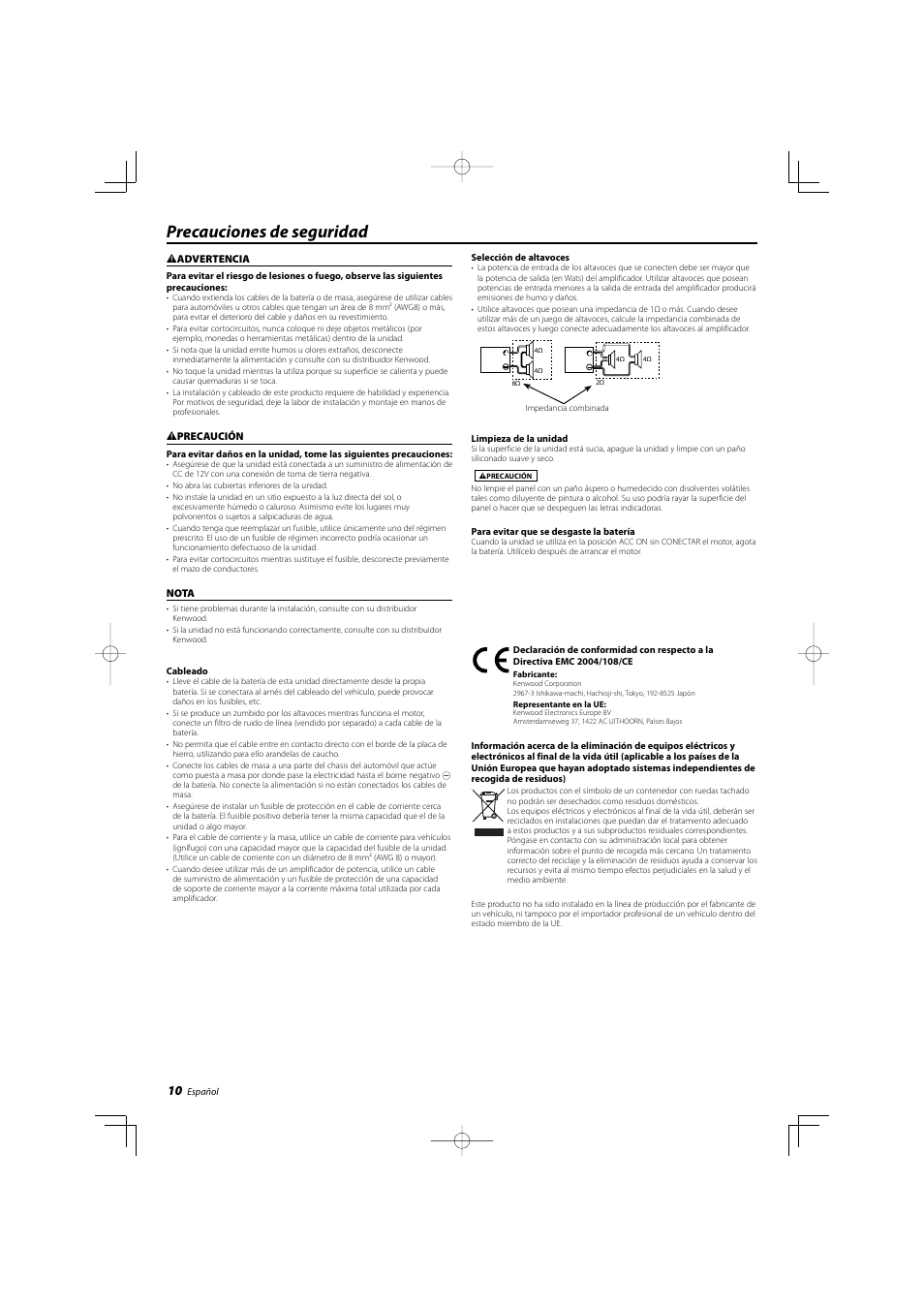 Precauciones de seguridad | Kenwood KAC-9104D User Manual | Page 10 / 16