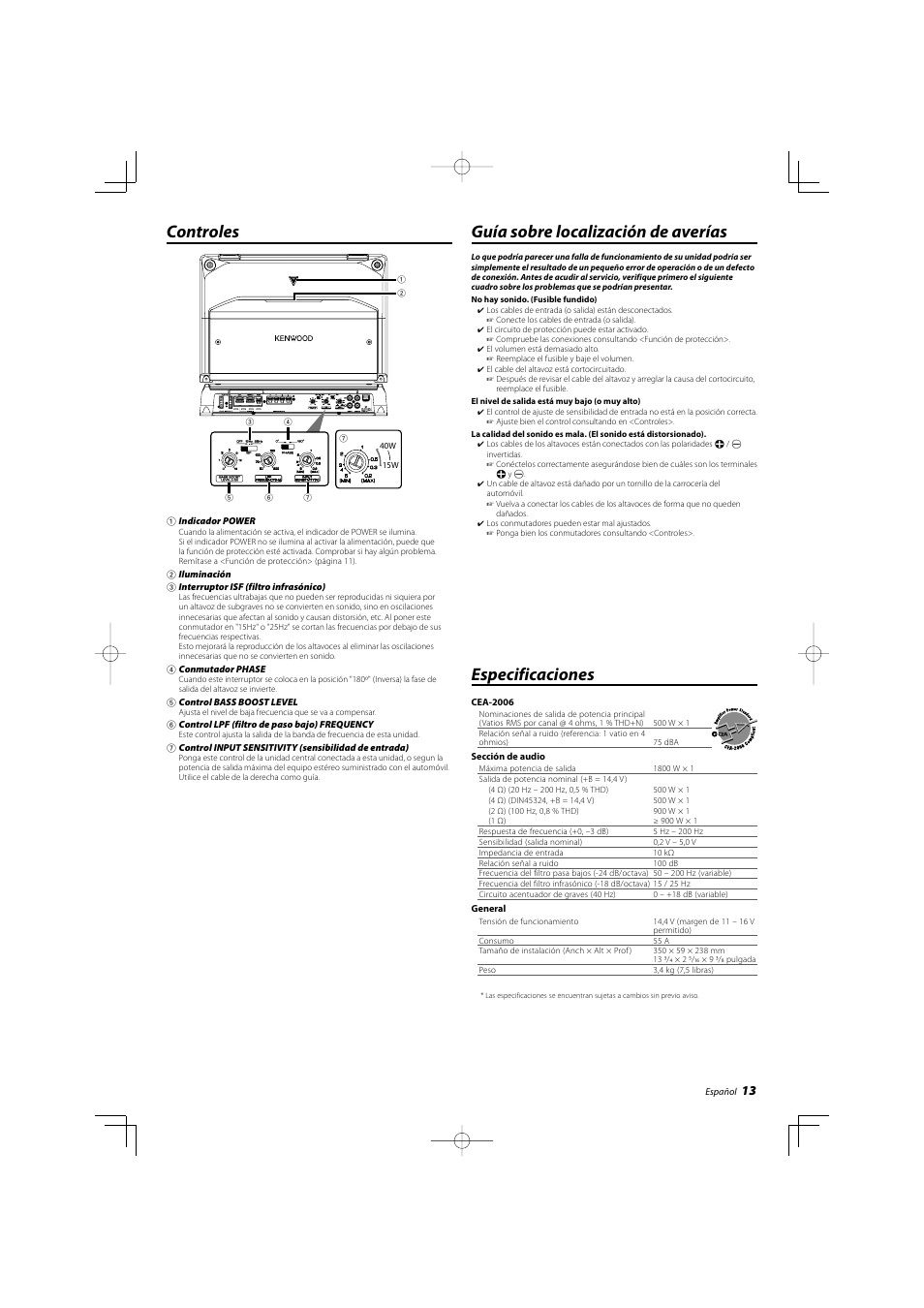 Controles, Guía sobre localización de averías, Especificaciones | Kenwood KAC-9104D User Manual | Page 13 / 16