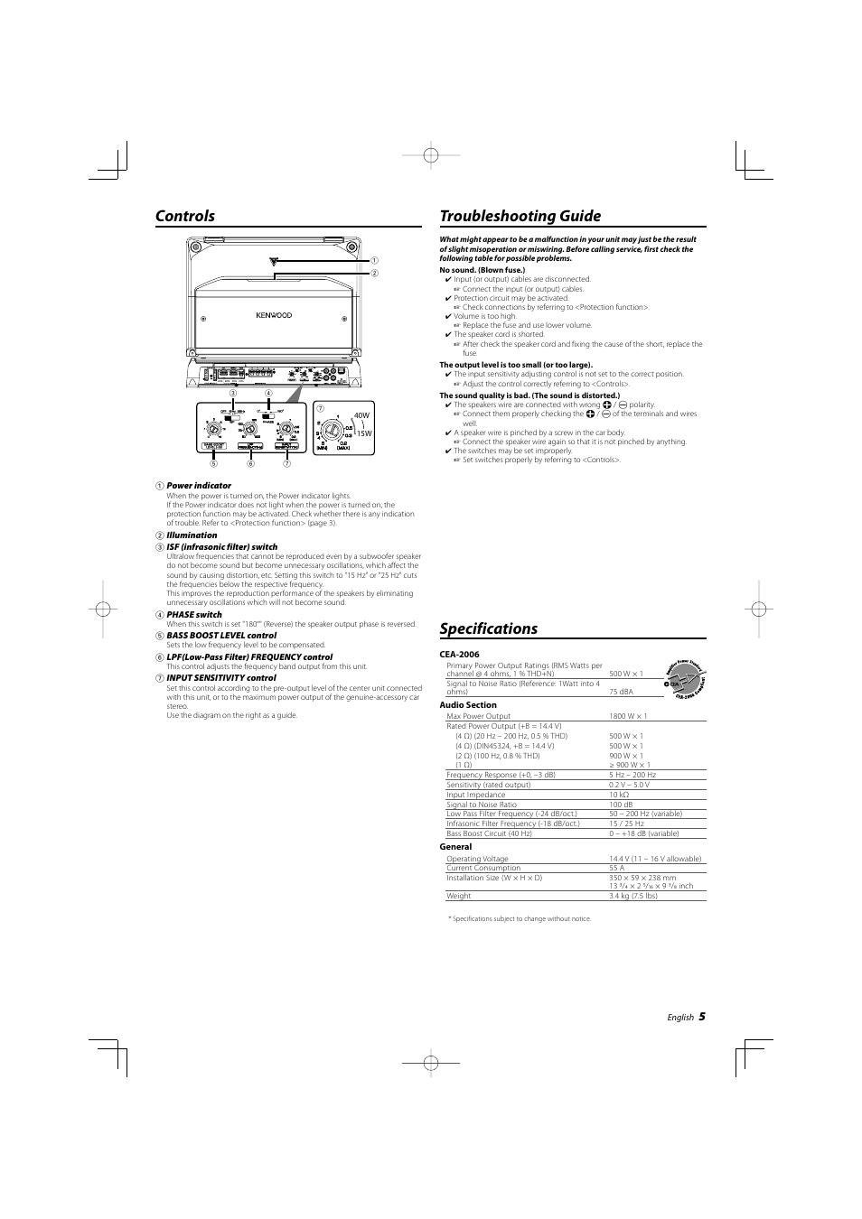 Controls, Troubleshooting guide, Specifications | Kenwood KAC-9104D User Manual | Page 5 / 16