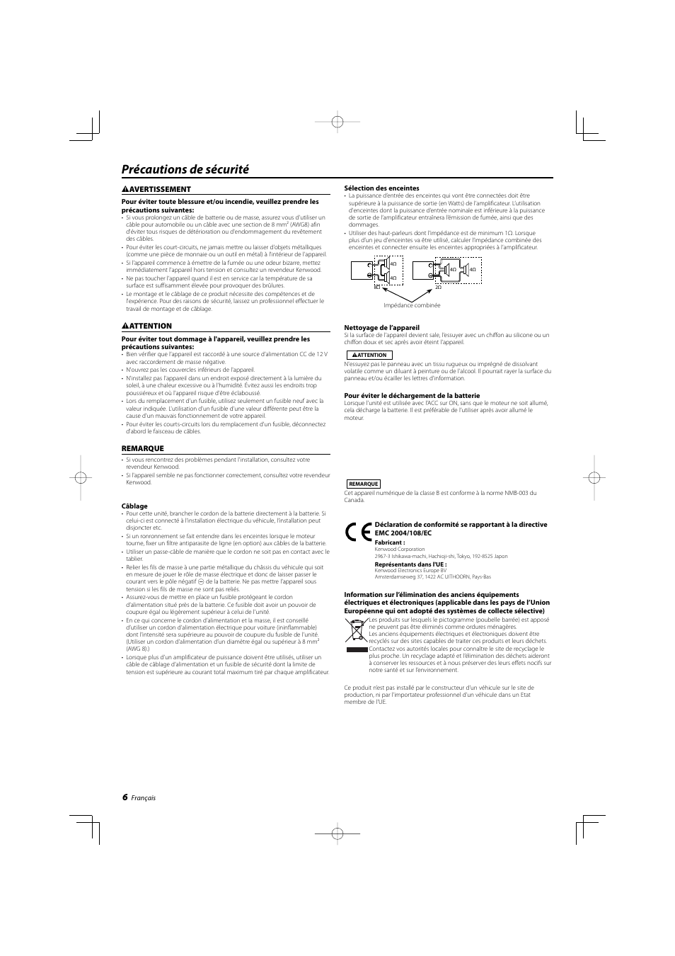 Précautions de sécurité | Kenwood KAC-9104D User Manual | Page 6 / 16