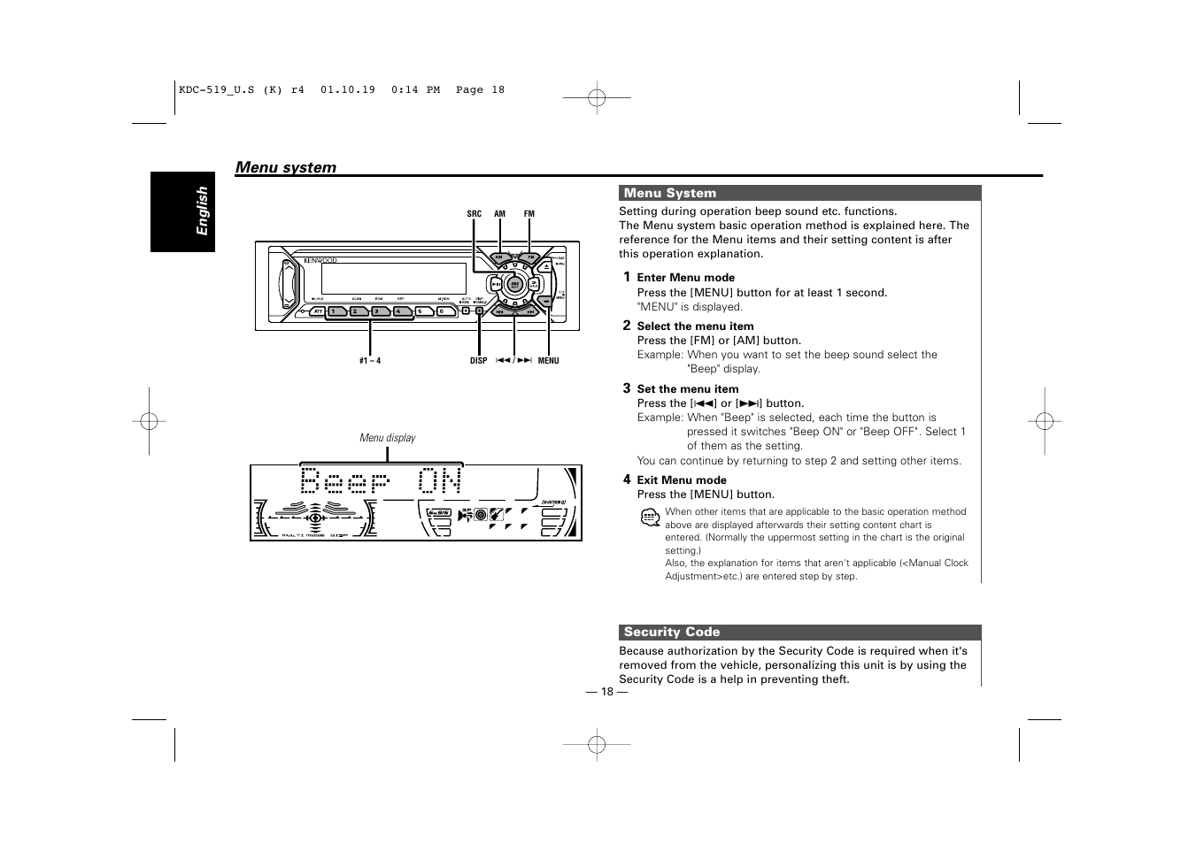 Menu system | Kenwood KDC-519 User Manual | Page 18 / 30