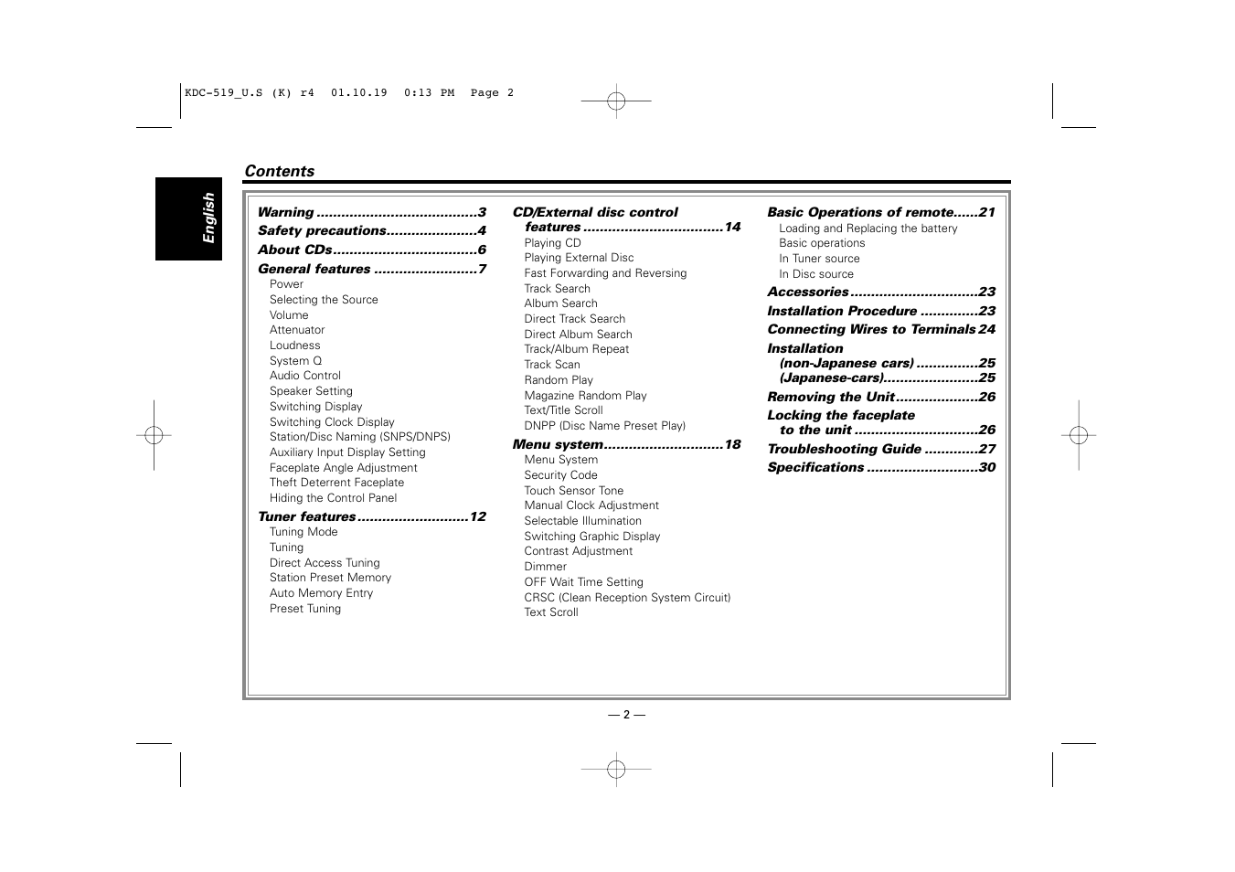 Kenwood KDC-519 User Manual | Page 2 / 30