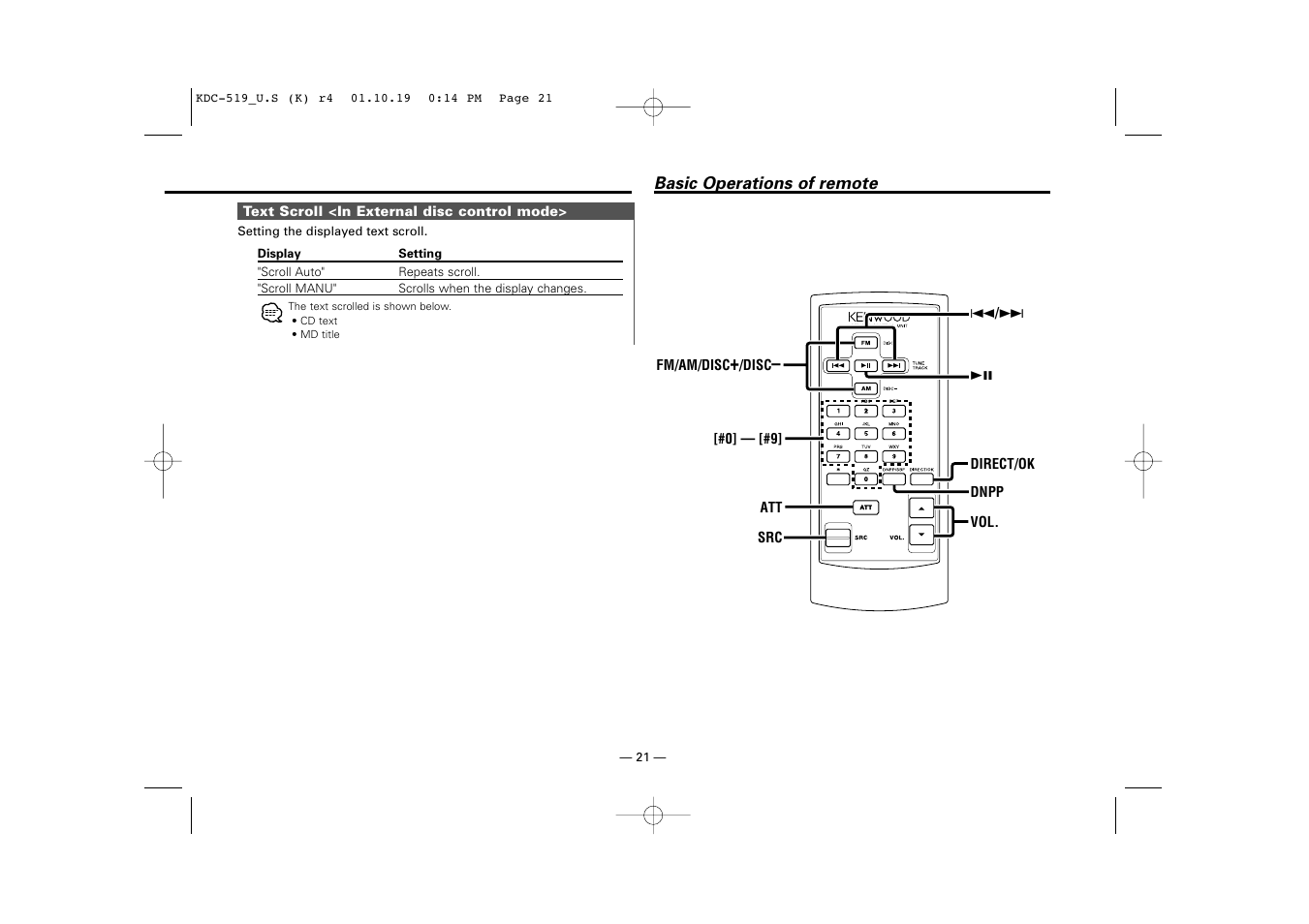 Basic operations of remote | Kenwood KDC-519 User Manual | Page 21 / 30