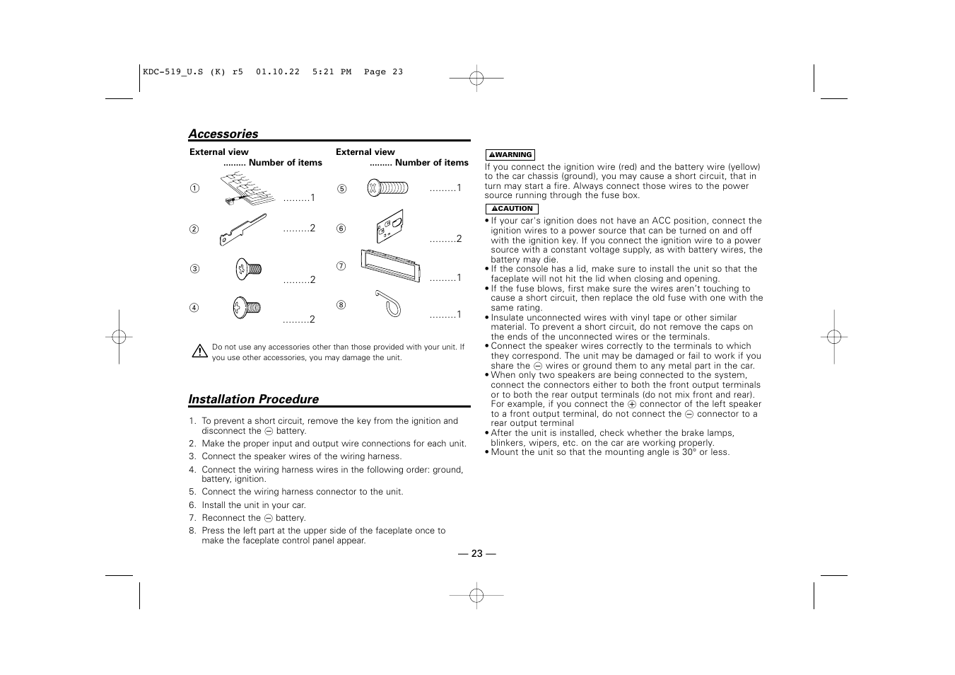 Accessories, Installation procedure | Kenwood KDC-519 User Manual | Page 23 / 30