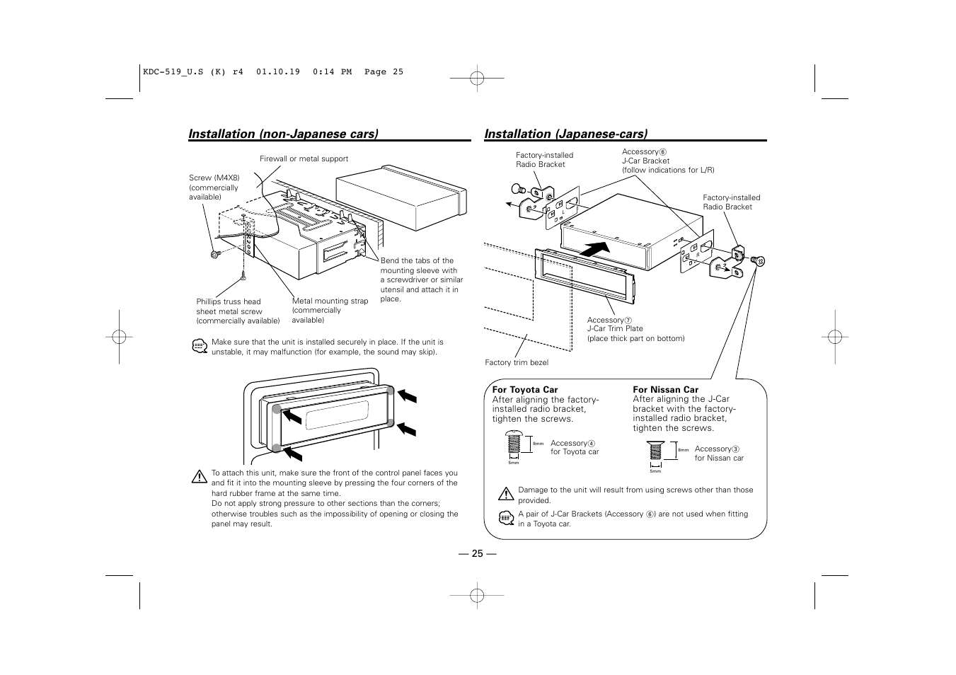 Installation (non-japanese cars), Installation (japanese-cars) | Kenwood KDC-519 User Manual | Page 25 / 30