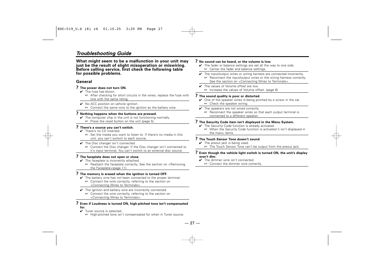 Troubleshooting guide | Kenwood KDC-519 User Manual | Page 27 / 30