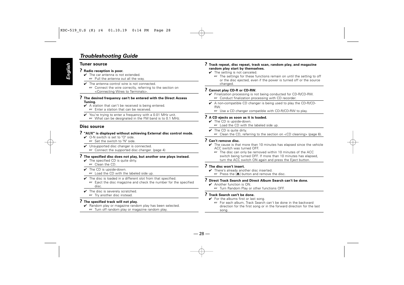 Troubleshooting guide | Kenwood KDC-519 User Manual | Page 28 / 30