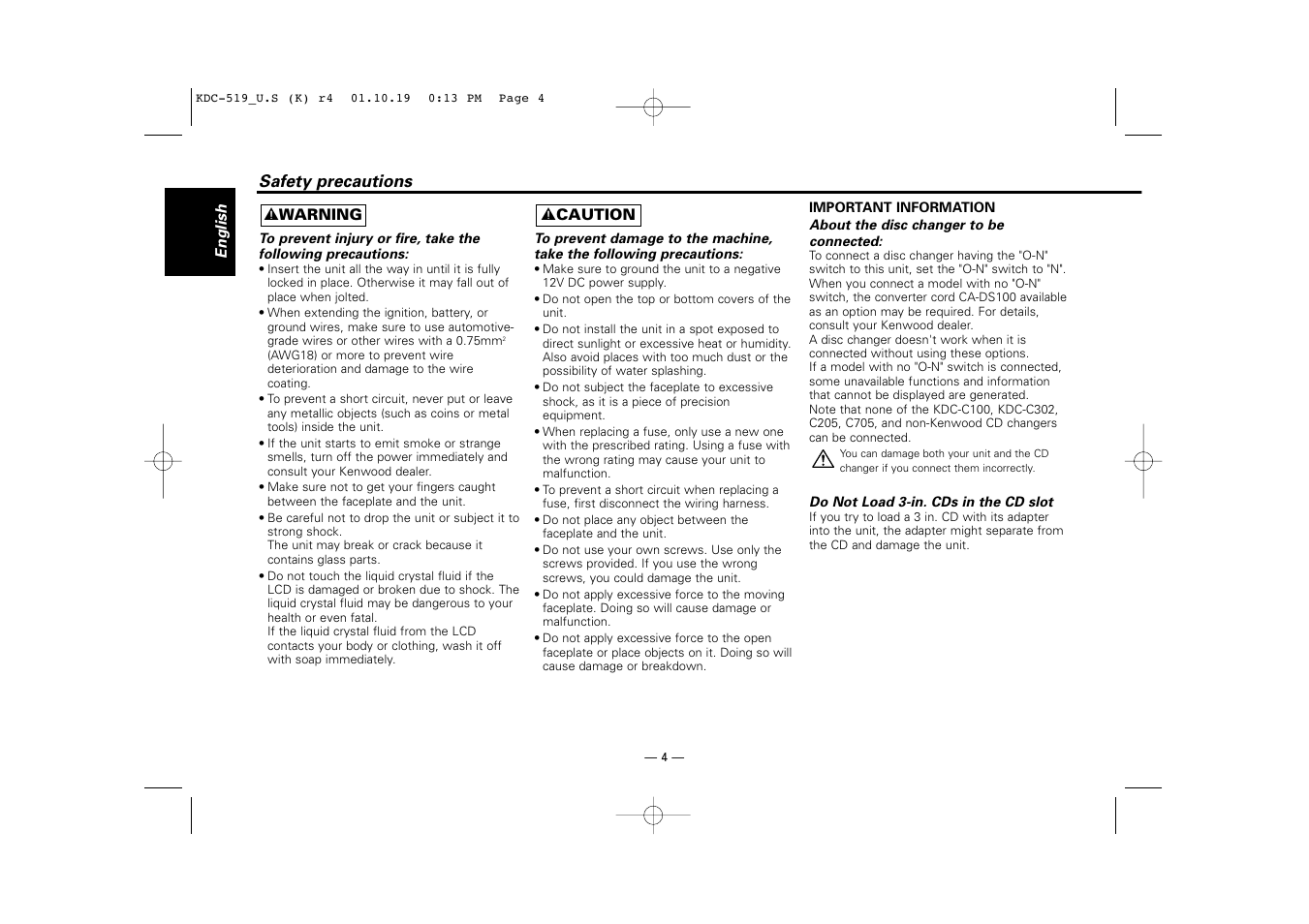 Safety precautions | Kenwood KDC-519 User Manual | Page 4 / 30