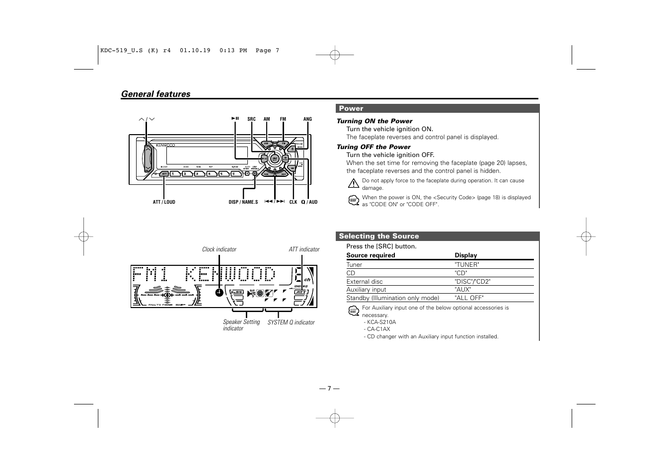 General features | Kenwood KDC-519 User Manual | Page 7 / 30