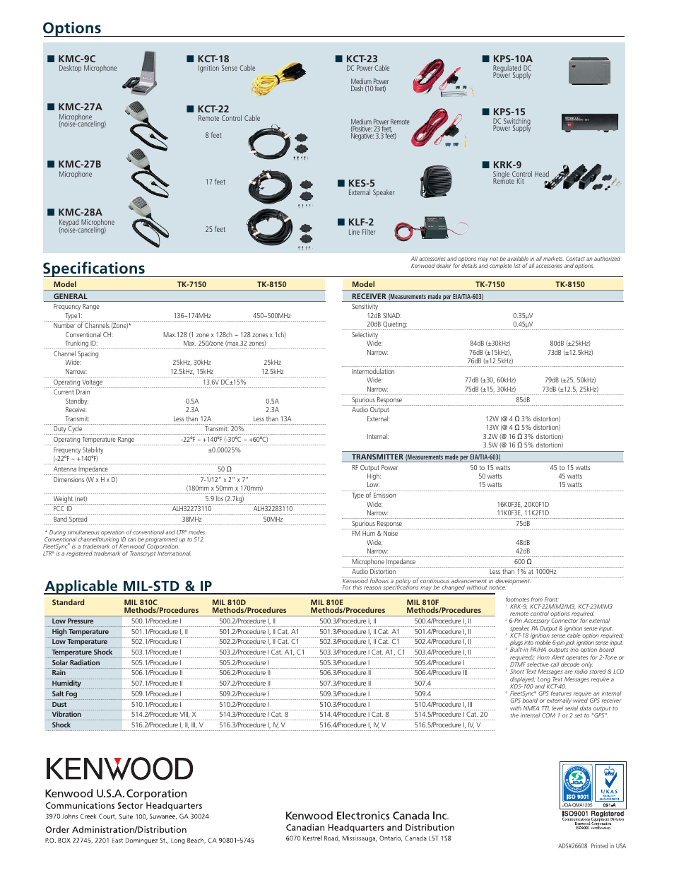 Specifications, Options, Applicable mil-std & ip | Kmc-9c, Kmc-27a, Kmc-27b, Kmc-28a, Kct-18, Kct-22, Kct-23 | Kenwood FleetSync TK-7150 User Manual | Page 2 / 2