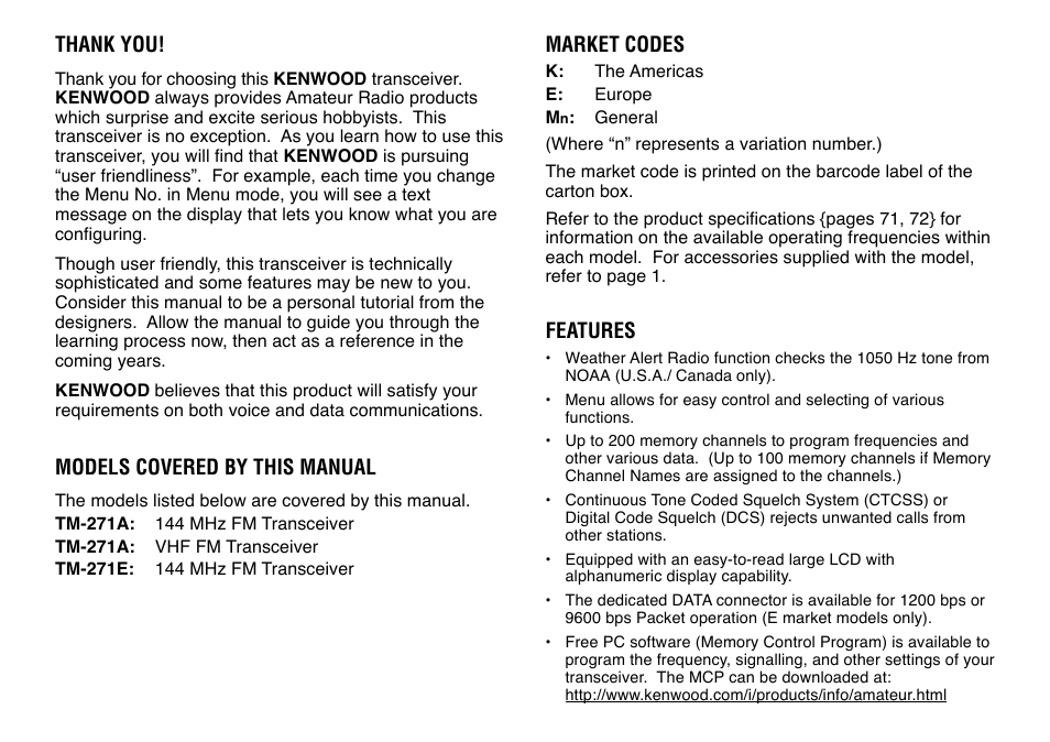 Models covered by this manual, Market codes, Features | Kenwood TM-271 User Manual | Page 2 / 80
