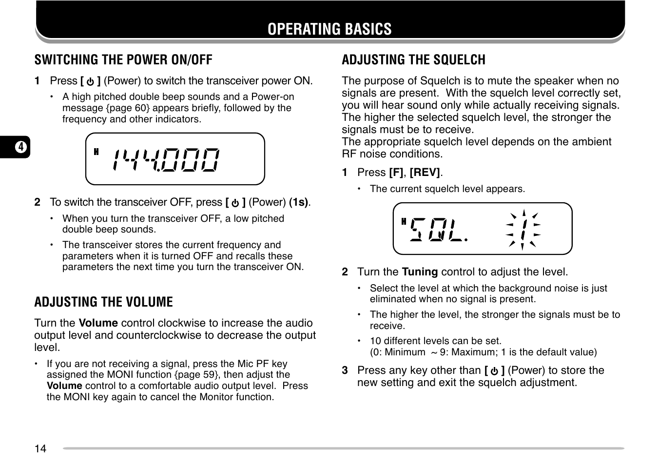 Operating basics, Switching the power on/off, Adjusting the volume | Adjusting the squelch | Kenwood TM-271 User Manual | Page 20 / 80