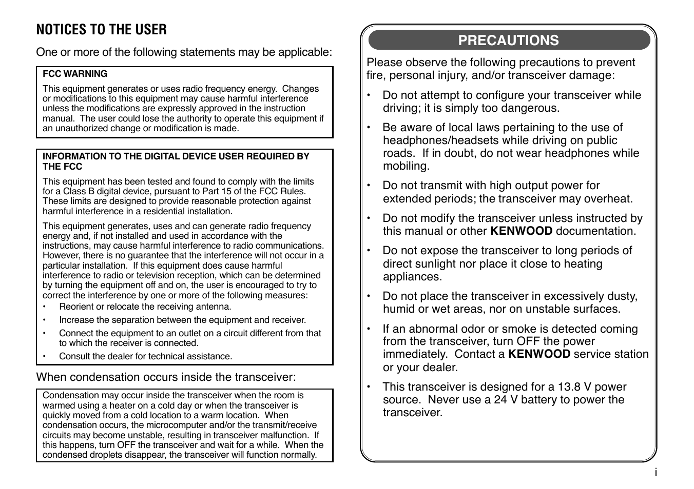 Precautions, Notices to the user | Kenwood TM-271 User Manual | Page 3 / 80