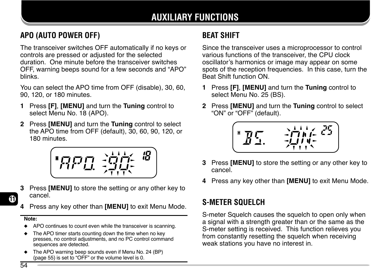 Auxiliary functions, Apo (auto power off), Beat shift | S-meter squelch | Kenwood TM-271 User Manual | Page 60 / 80