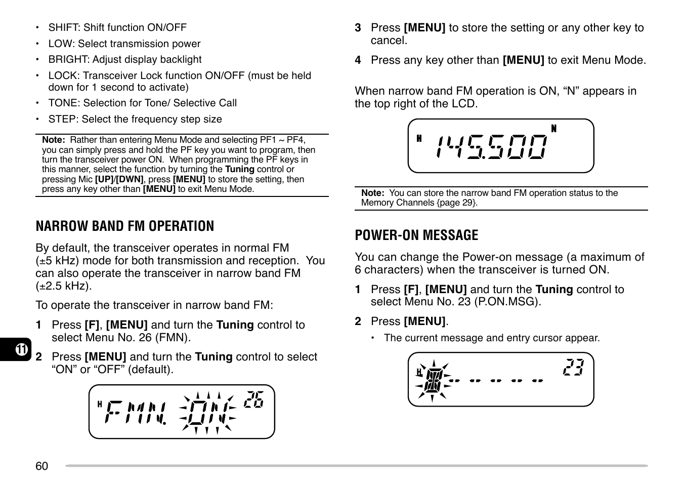 Narrow band fm operation, Power-on message | Kenwood TM-271 User Manual | Page 66 / 80