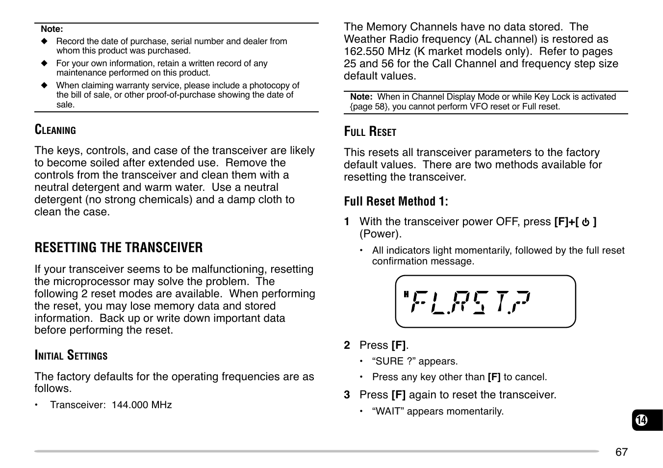 Resetting the transceiver | Kenwood TM-271 User Manual | Page 73 / 80