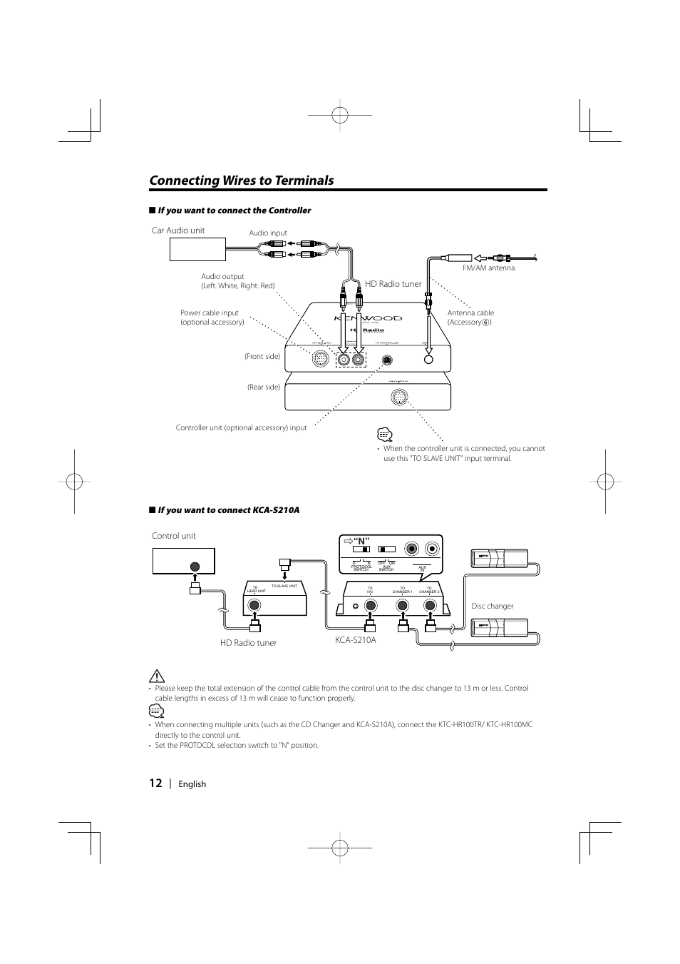 Connecting wires to terminals, If you want to connect the controller, If you want to connect kca-s210a | Kenwood HD Radio TUNER User Manual | Page 12 / 44