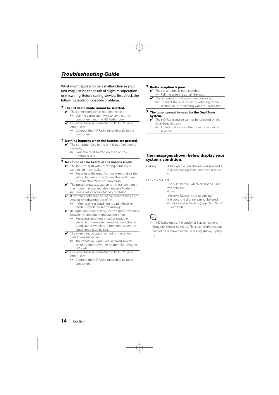 Troubleshooting guide | Kenwood HD Radio TUNER User Manual | Page 14 / 44