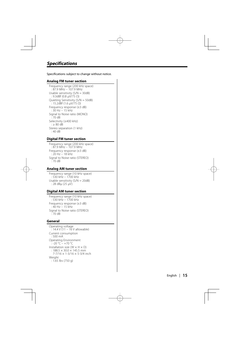 Specifications | Kenwood HD Radio TUNER User Manual | Page 15 / 44