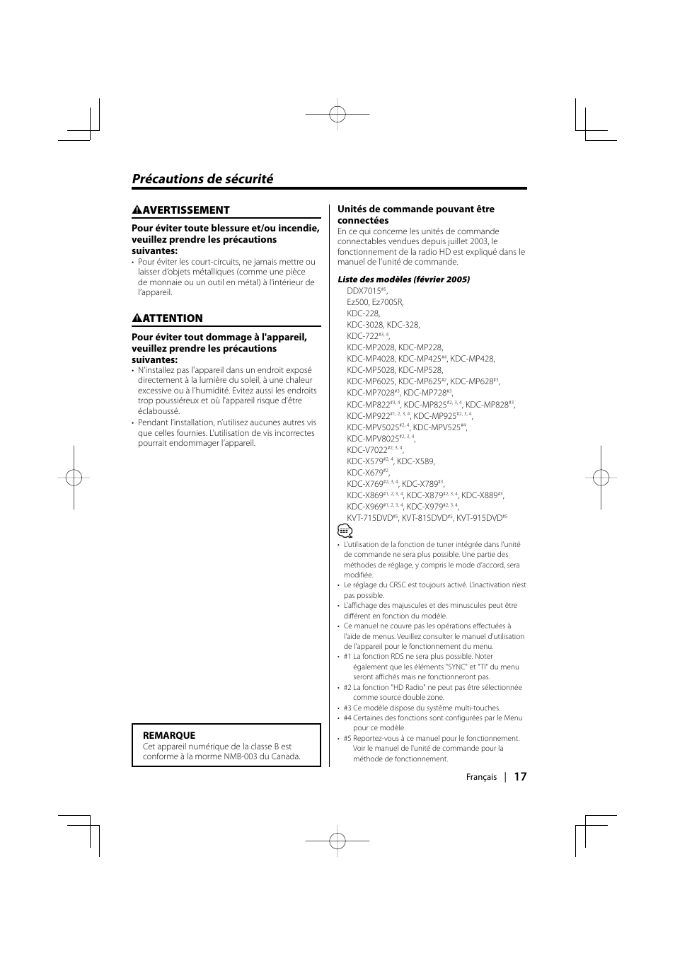 Précautions de sécurité, 2 avertissement, 2 attention | Kenwood HD Radio TUNER User Manual | Page 17 / 44