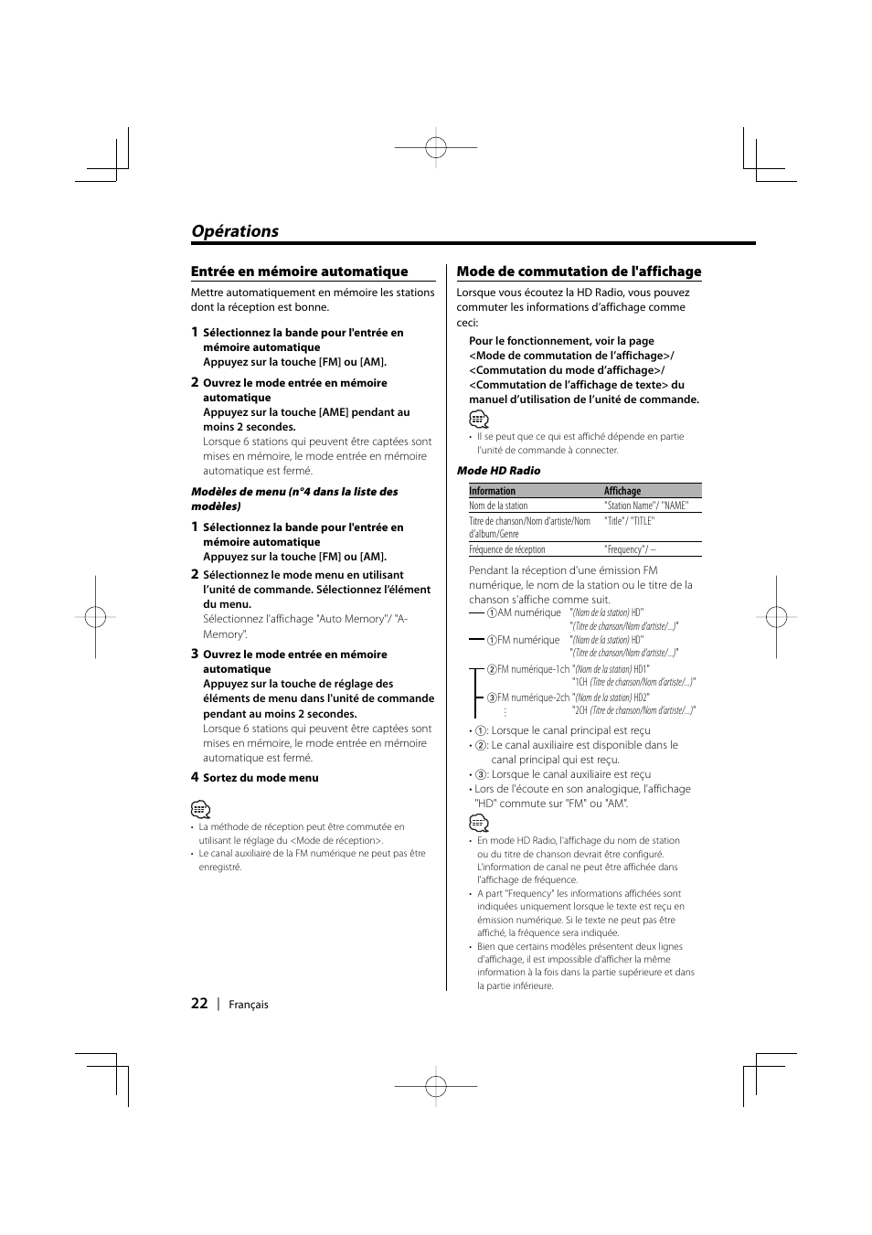 Opérations | Kenwood HD Radio TUNER User Manual | Page 22 / 44