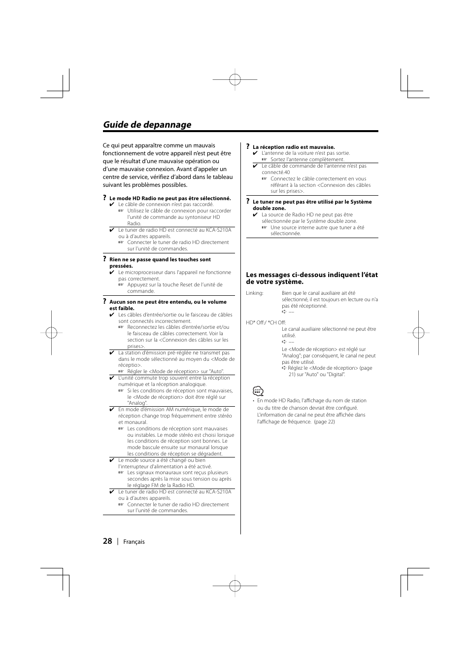 Guide de depannage | Kenwood HD Radio TUNER User Manual | Page 28 / 44