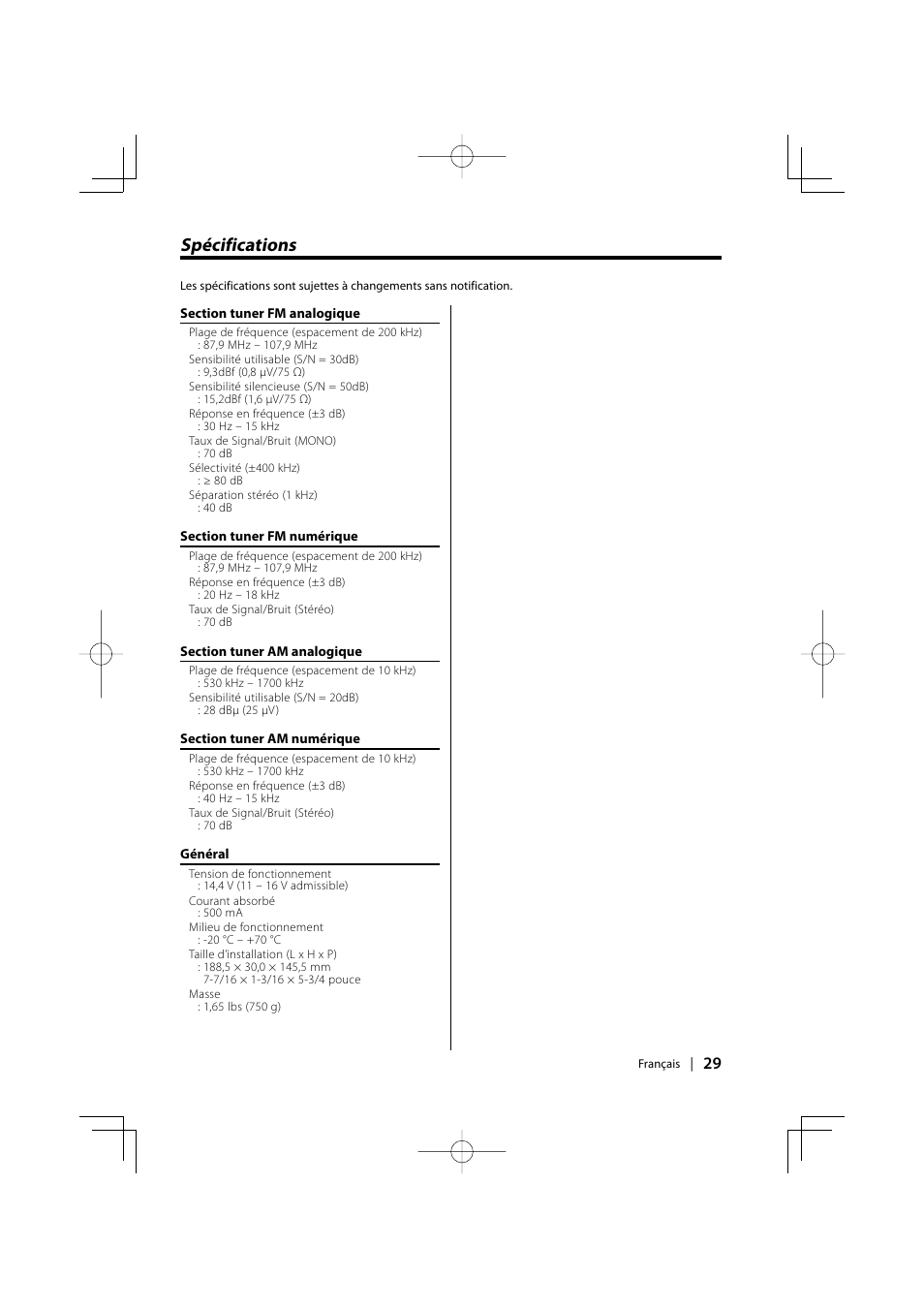 Spécifications | Kenwood HD Radio TUNER User Manual | Page 29 / 44