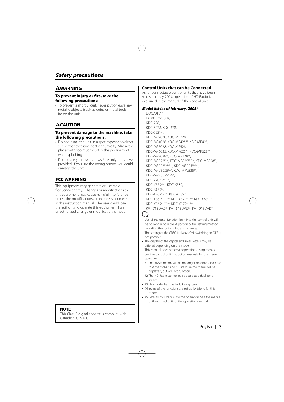 Safety precautions, 2 warning, 2 caution | Fcc warning | Kenwood HD Radio TUNER User Manual | Page 3 / 44