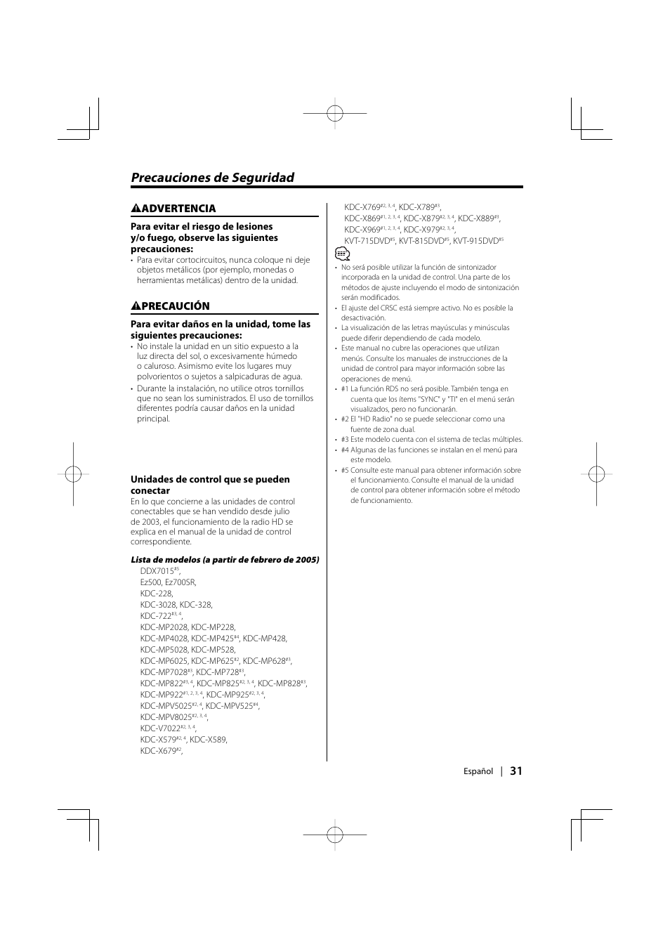 Precauciones de seguridad, 2 advertencia, 2 precaución | Kenwood HD Radio TUNER User Manual | Page 31 / 44