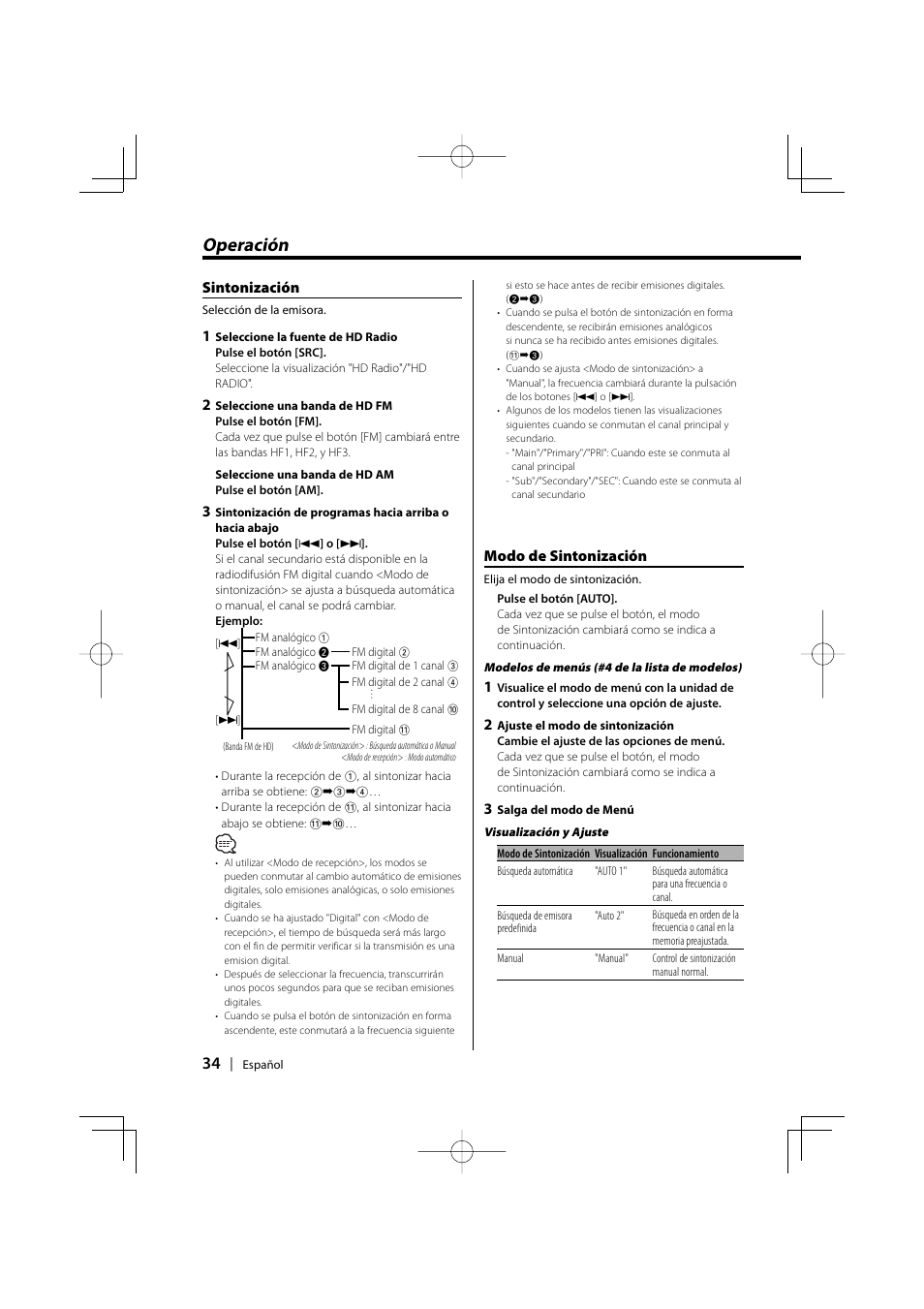 Operación, Sintonización, Modo de sintonización | Kenwood HD Radio TUNER User Manual | Page 34 / 44