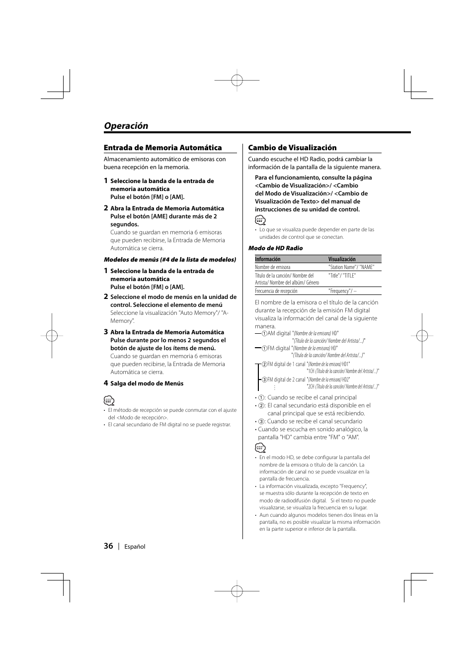 Operación | Kenwood HD Radio TUNER User Manual | Page 36 / 44