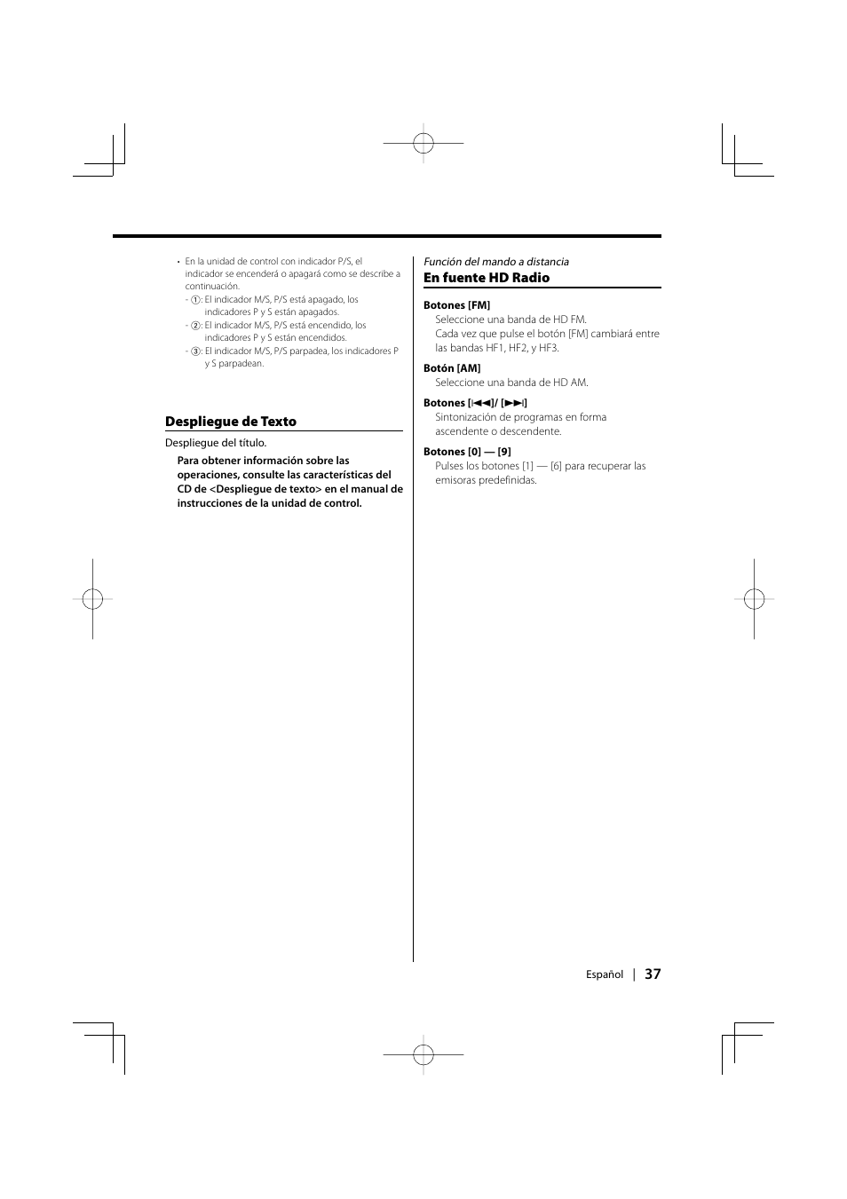 Despliegue de texto, En fuente hd radio | Kenwood HD Radio TUNER User Manual | Page 37 / 44