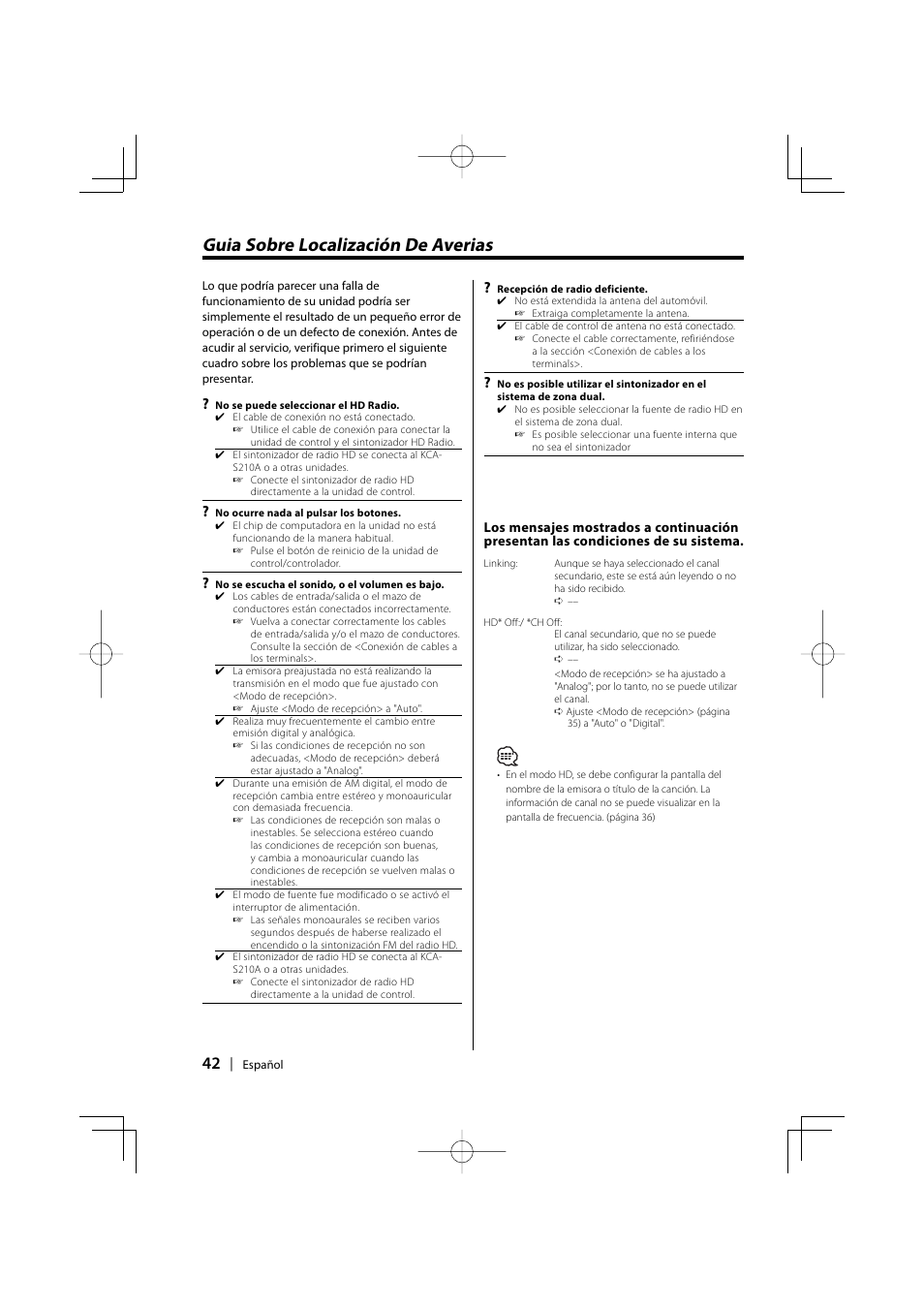 Guia sobre localización de averias | Kenwood HD Radio TUNER User Manual | Page 42 / 44