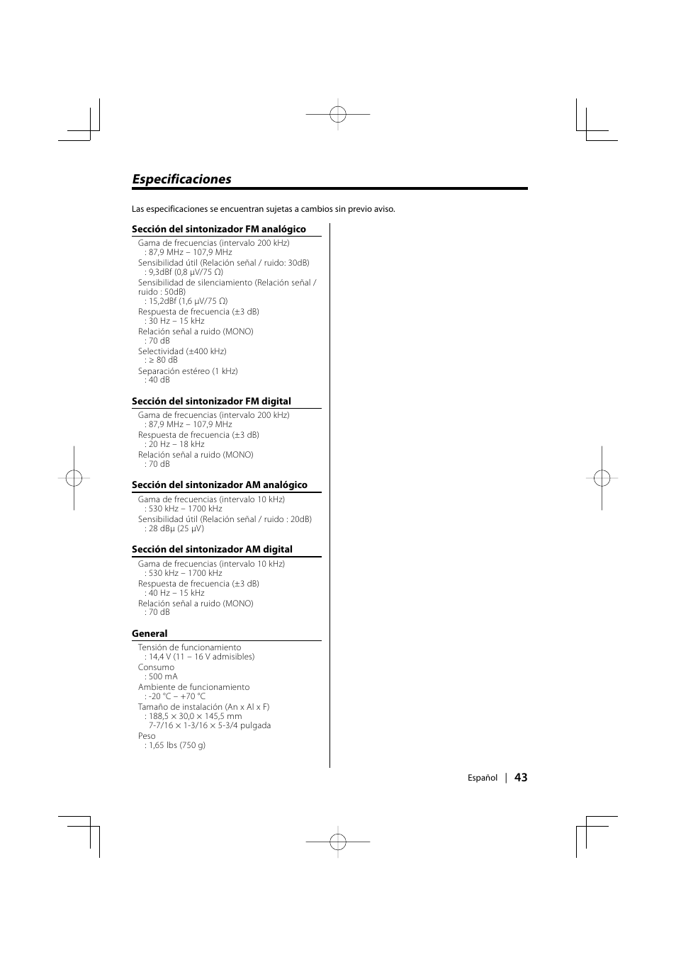 Especificaciones | Kenwood HD Radio TUNER User Manual | Page 43 / 44