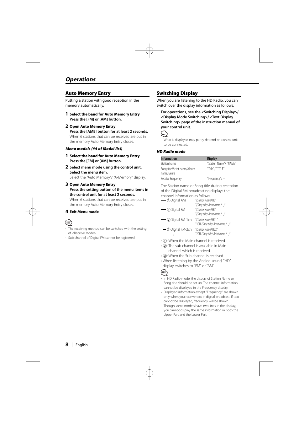 Operations | Kenwood HD Radio TUNER User Manual | Page 8 / 44