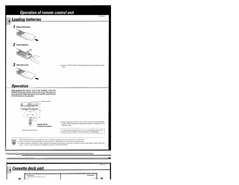 Operation of remote control unit, Loading batteries, F remove the cover | 2 insert batteries, Operation, Operation of remote control unit loading batteries, Ossette dec^jggit | Kenwood UD-952 User Manual | Page 18 / 84