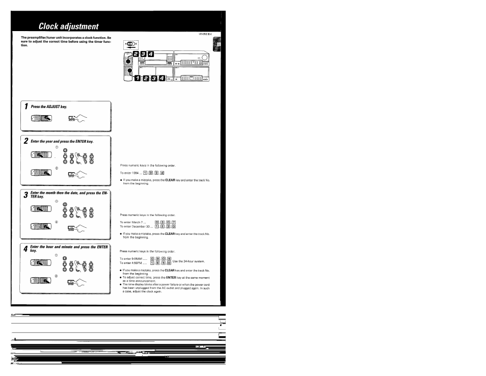 Clock adjustment, 2 eater the year and press the enter key, Enter the hour and minute and press the enter | J § ® 3 so | Kenwood UD-952 User Manual | Page 19 / 84