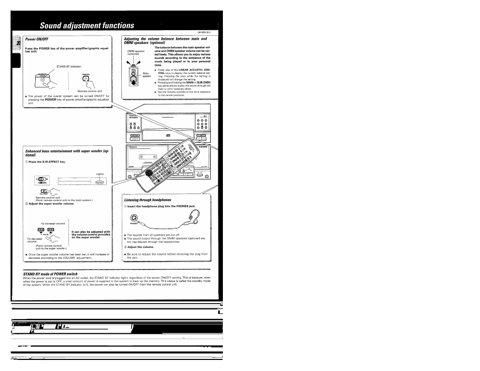Sound adjustment functions, Power on/off, Listening through headphones | Stand by mode of power switch | Kenwood UD-952 User Manual | Page 20 / 84
