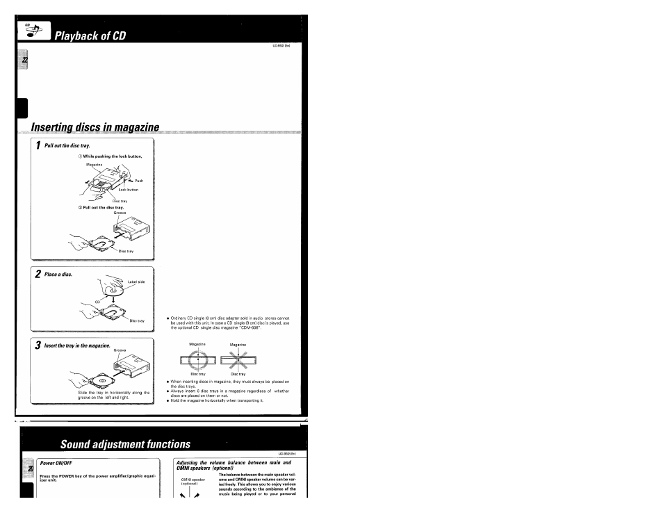 Playback of cd, Inserting discs in magazine, Sound adjustment functions | Kenwood UD-952 User Manual | Page 22 / 84